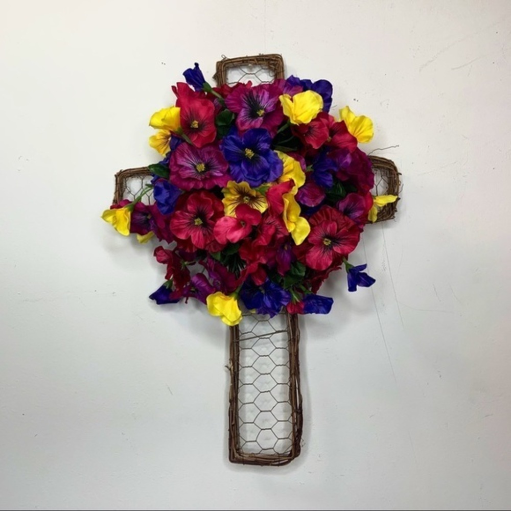 Easter Spring Floral Cross Wreath Pansy Door Decor